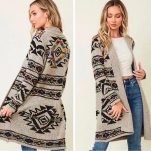 Anthropologie Northern Angel Tribal Print Open Tan Cardigan Sweater